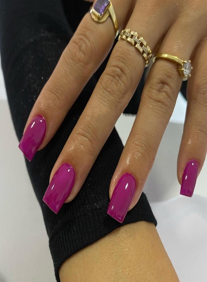 KQueenest Glossy Berry Purple Press on Nails Short Medium Square Glue on Nails Set Solid Color Fake Nails Short Coffin Acrylic Nails Press on Gel Nails for Women DIY Manicure in 24 Pcs - Image 1